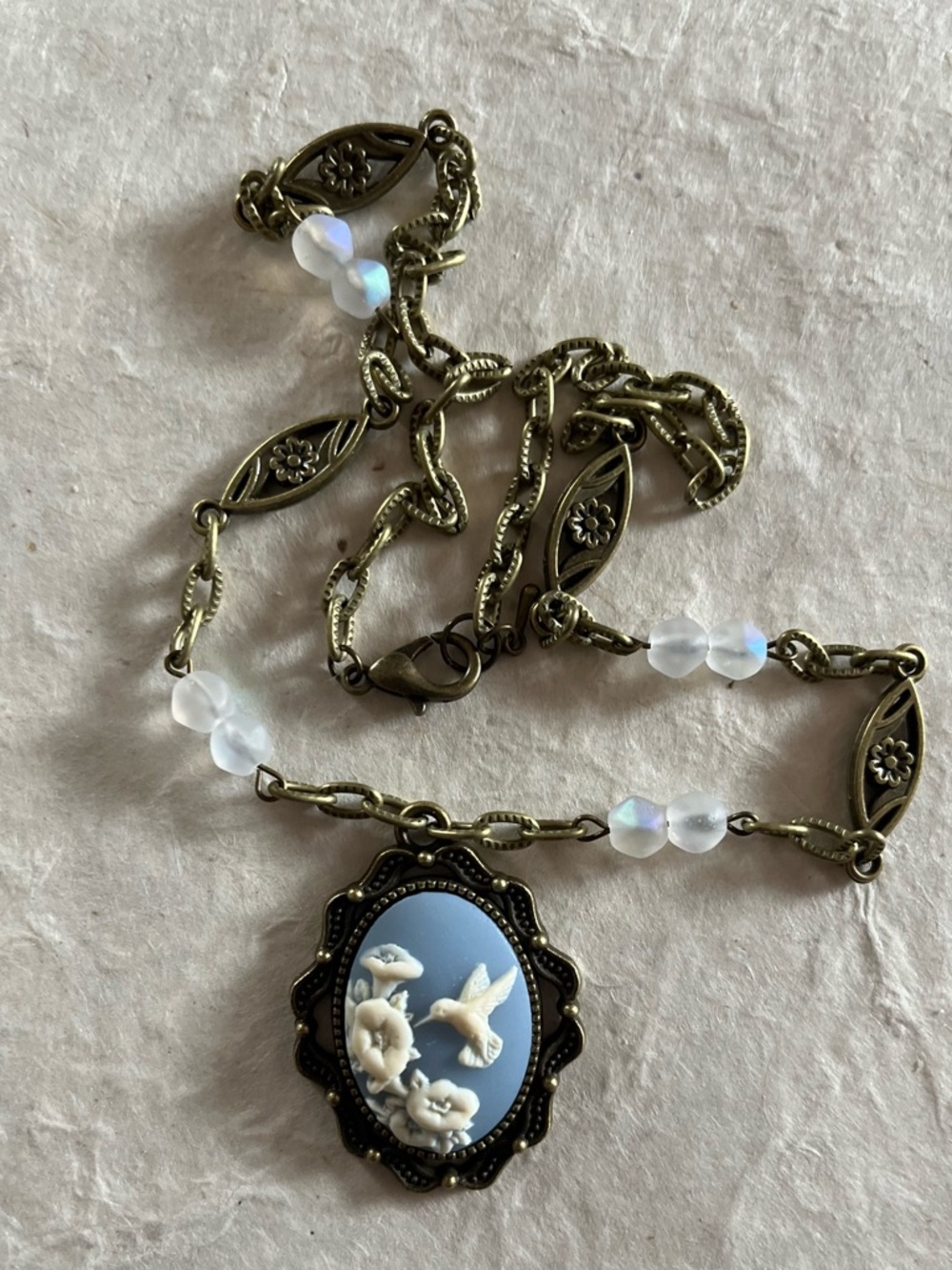 Hummingbird & Flowers Vintage Inspired Cameo Necklace Mothers Day Gift